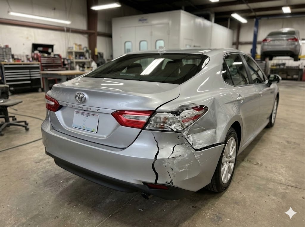 2018 Toyota Camry showing collision damage to rear quarter panel
